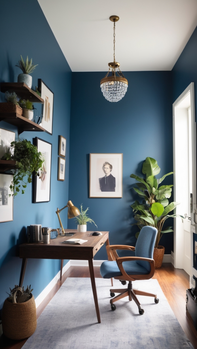 Cadet blue paint, Home office design, Moody home decor, Office renovation ideas, Blue wall color