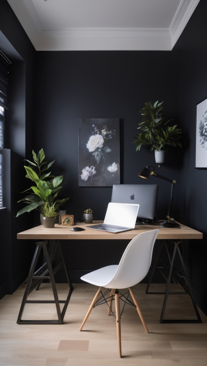Workspace Design, Elegant Office Decor, Dark Wall Paint, Luxury Home Office, Contemporary Interior Design