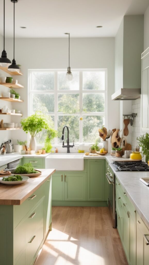 Green kitchen design, Modern kitchen layout, Peaceful kitchen style, Contemporary kitchen decor, Serene kitchen inspiration