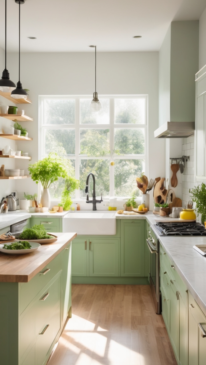 Green kitchen design, Modern kitchen layout, Peaceful kitchen style, Contemporary kitchen decor, Serene kitchen inspiration