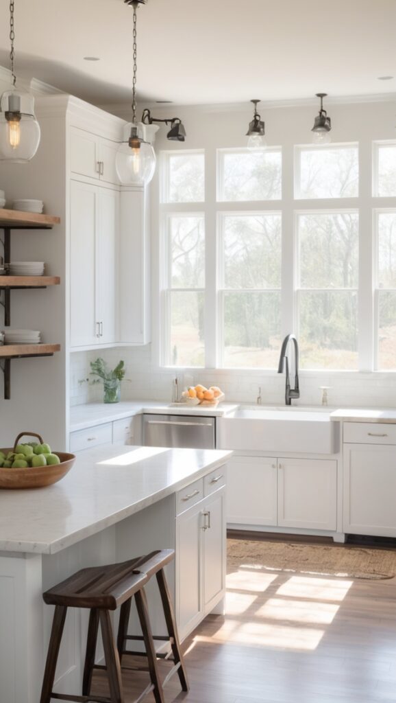 Farmhouse kitchen design, Modern farmhouse style, Comfortable kitchen layout, Stylish farmhouse decor, Kitchen renovation ideas