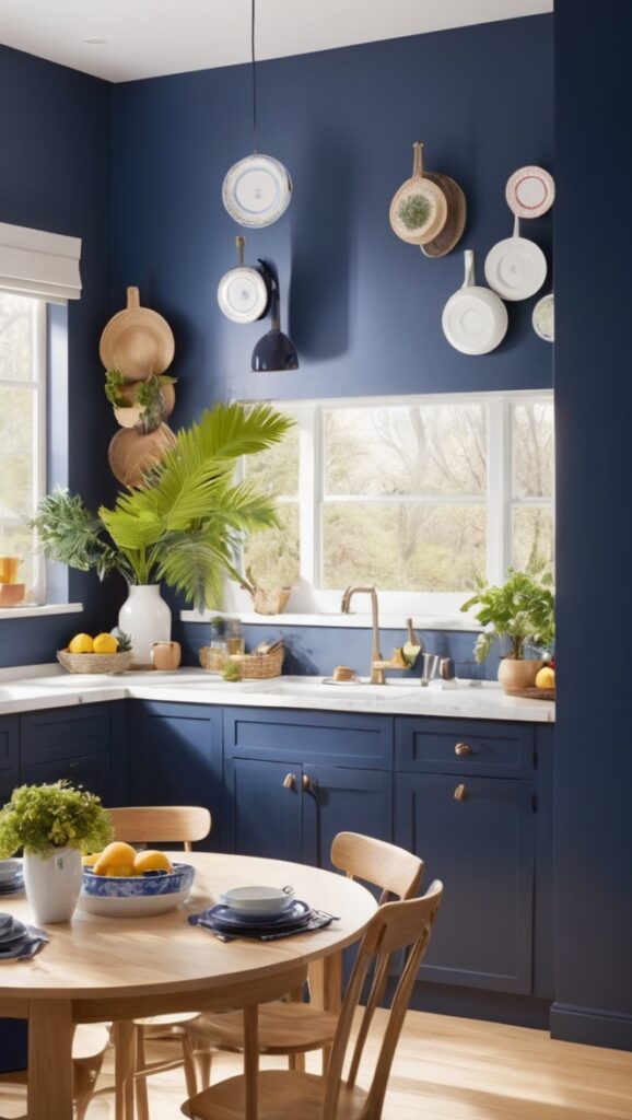 Navy blue kitchen decor, Kitchen wall color ideas, Navy kitchen accents, Decor for navy blue walls, Kitchen decor inspiration