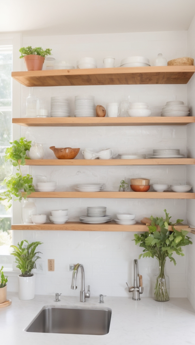 Open shelving decor, Modern kitchen design, Rustic farmhouse style, Kitchen organization tips, Interior design trends