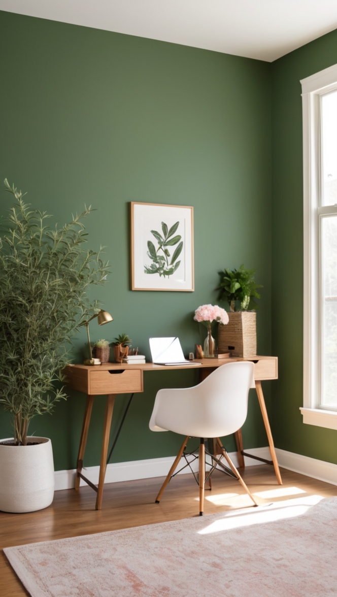 Rosemary green accent wall, Green office decor, Refreshing office design,Rich office color, Rosemary green interior design
