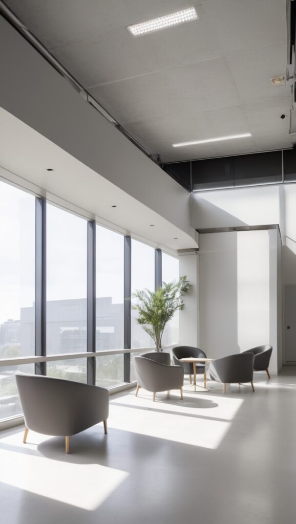 Office design, Gray office decor, Modern office interior, Flexible workspace, Uncertain gray palette