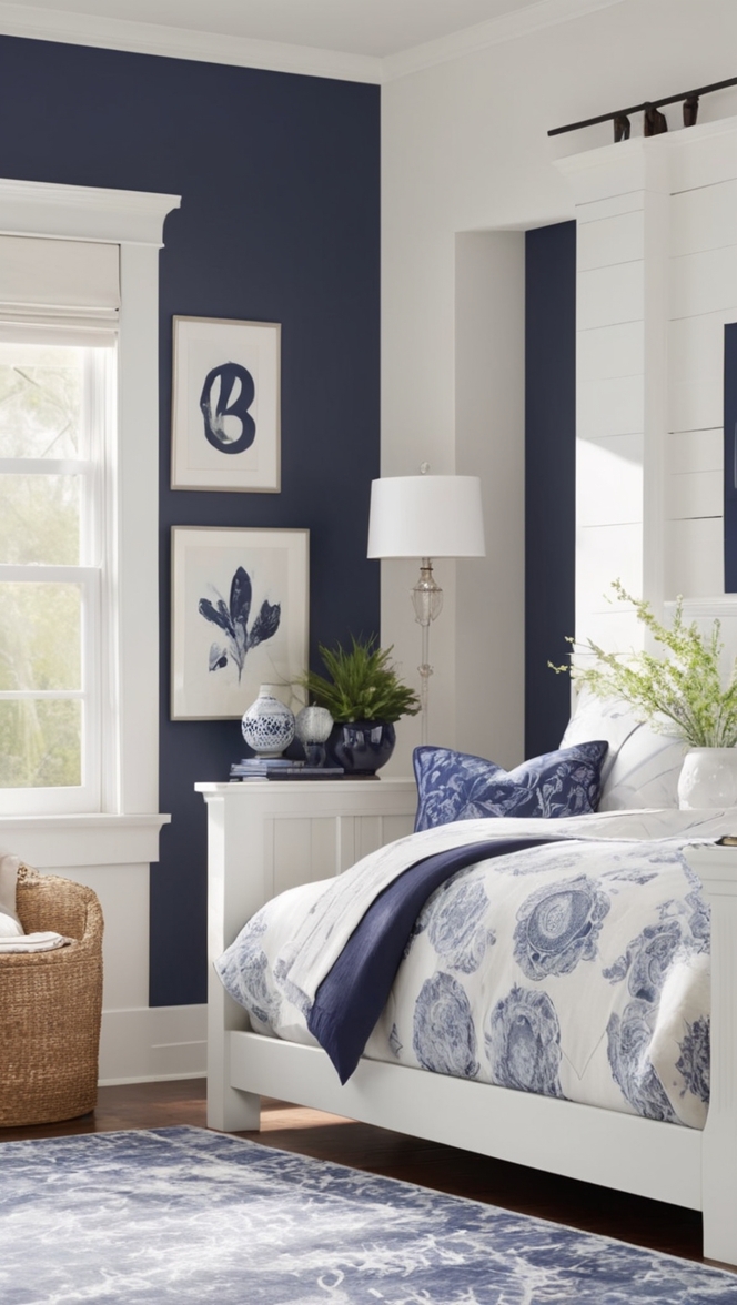 Navy blue bedroom decor, coastal bedroom furniture, nautical themed bedroom, beach house bedroom design, elegant navy bedroom