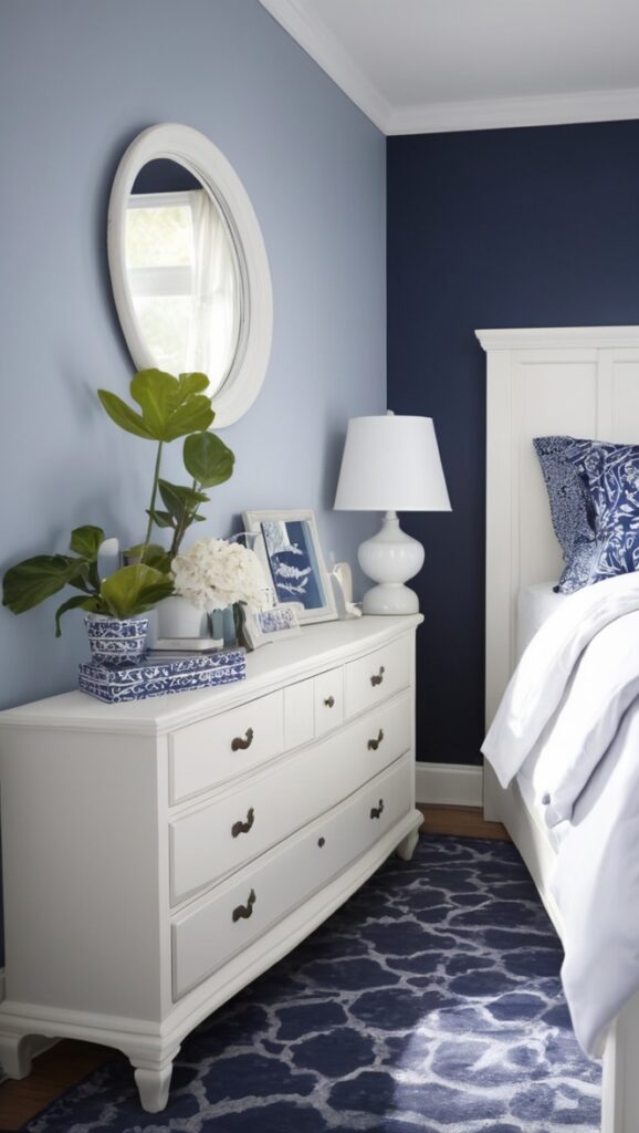 Navy blue bedroom decor, coastal bedroom furniture, nautical themed bedroom, beach house bedroom design, elegant navy bedroom