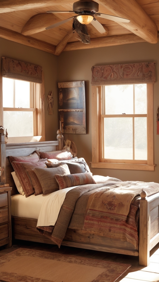 bedroom furniture, rustic decor, cozy bedding, farmhouse style, country home design 
