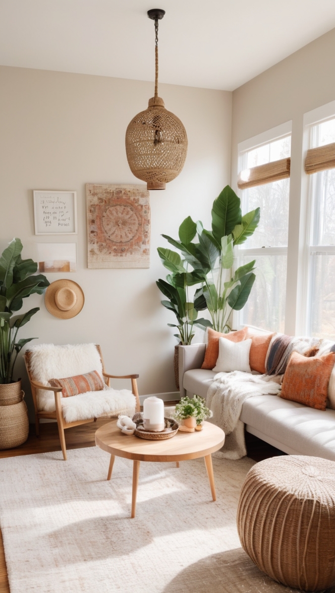 boho chic living room, modern bohemian decor, minimalist home design, contemporary boho interiors, trendy minimalist living room