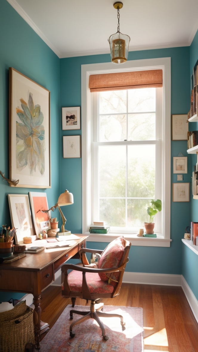 cozy home office decor, eclectic office furniture, modern eclectic workspace, bohemian office design, rustic office setup 