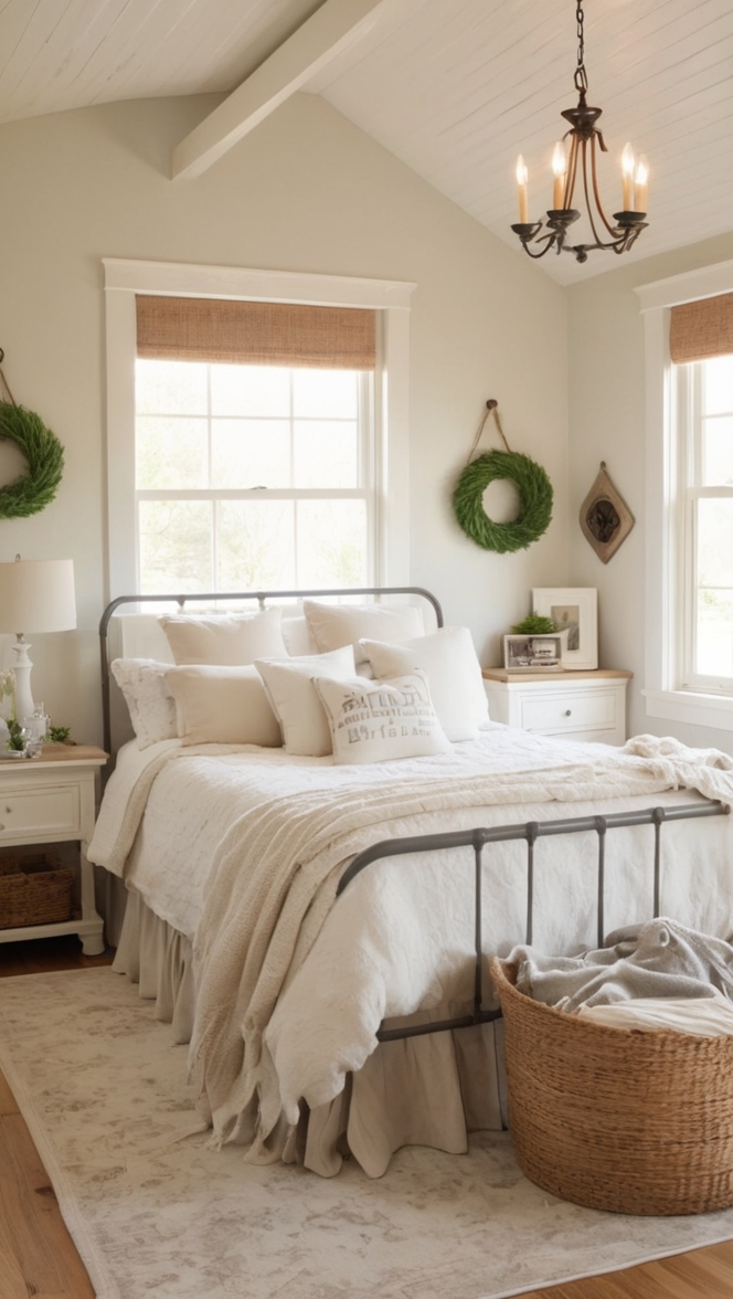 farmhouse bedroom decor, cozy bedroom ideas, rustic bedroom furniture, farmhouse style bedding, vintage bedroom design 