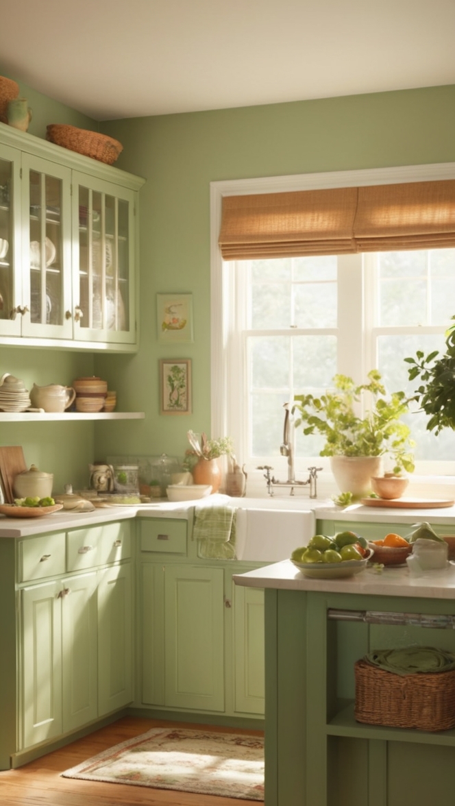cozy kitchen design, green kitchen cabinets, sustainable kitchen decor, eco-friendly kitchen ideas, modern green kitchen