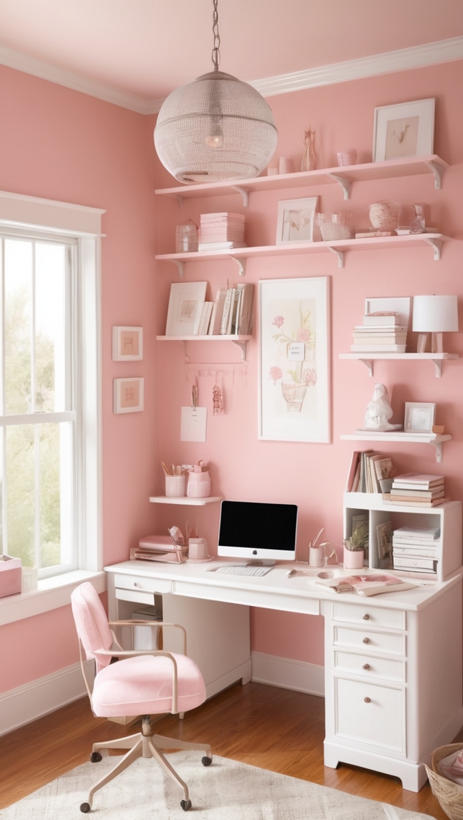 cozy home office decor, modern home office idea, feminine office design, chic home workspace, stylish home office layout