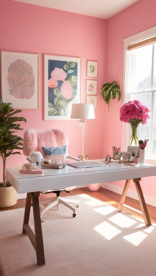 cozy home office decor, modern home office idea, feminine office design, chic home workspace, stylish home office layout 