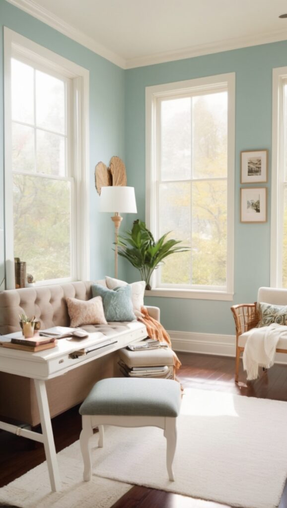 cozy home office ideas, comfortable home workspace, stylish work-from-home setup, relaxing home office design, inviting office space