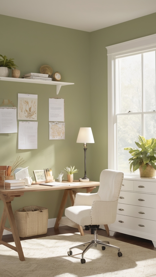 cozy home office setup, comfortable workspace, inviting work environment, tranquil office atmosphere, personalized home office