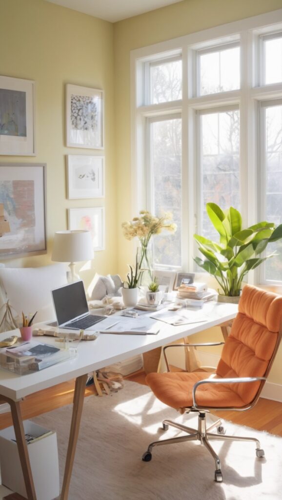cozy home office setup, comfortable workspace, inviting work environment, tranquil office atmosphere, personalized home office