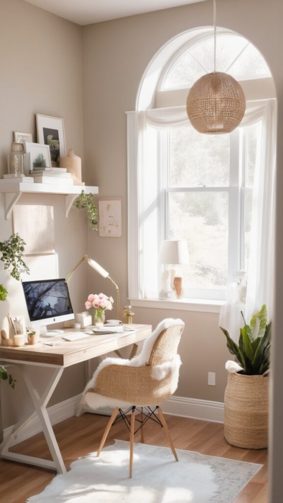 home office decor, modern home office, stylish workspace, chic office design, cozy home office