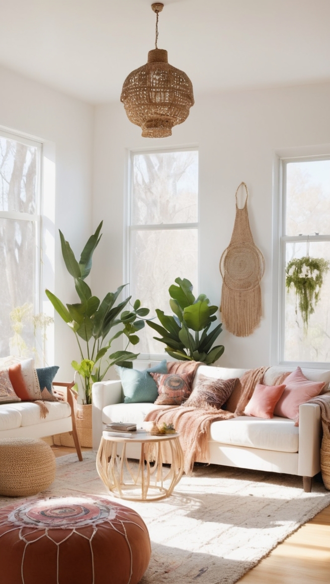 bohemian decor, modern boho, minimalist interior design, simple living space, contemporary hippie 