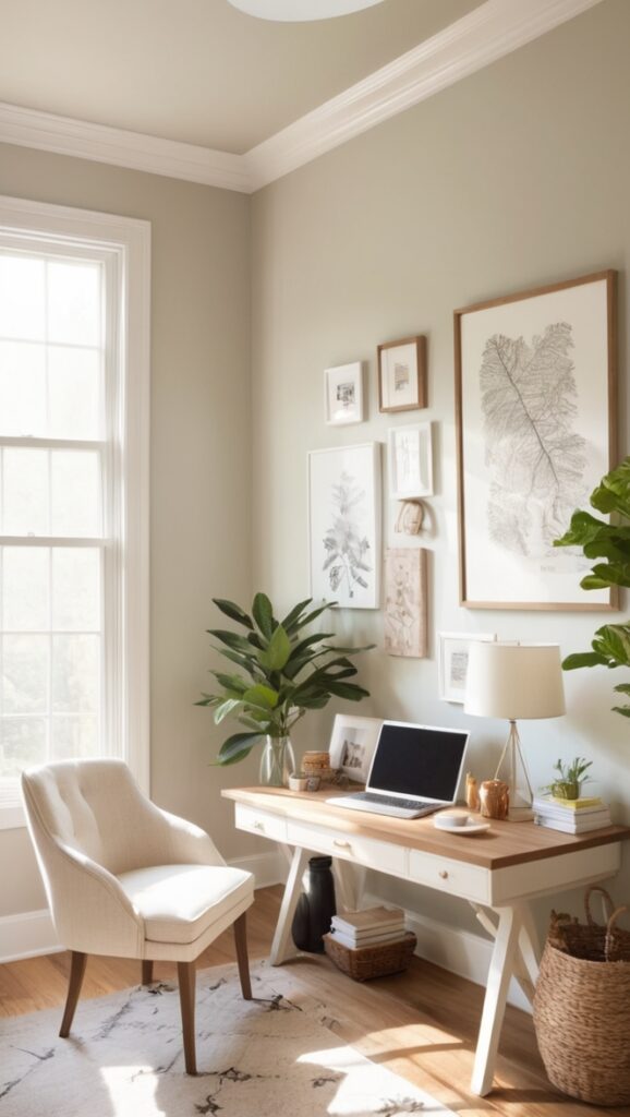 neutral home office decor, minimalist home office design, modern home office furniture, Scandinavian home office ideas, cozy workspace setup