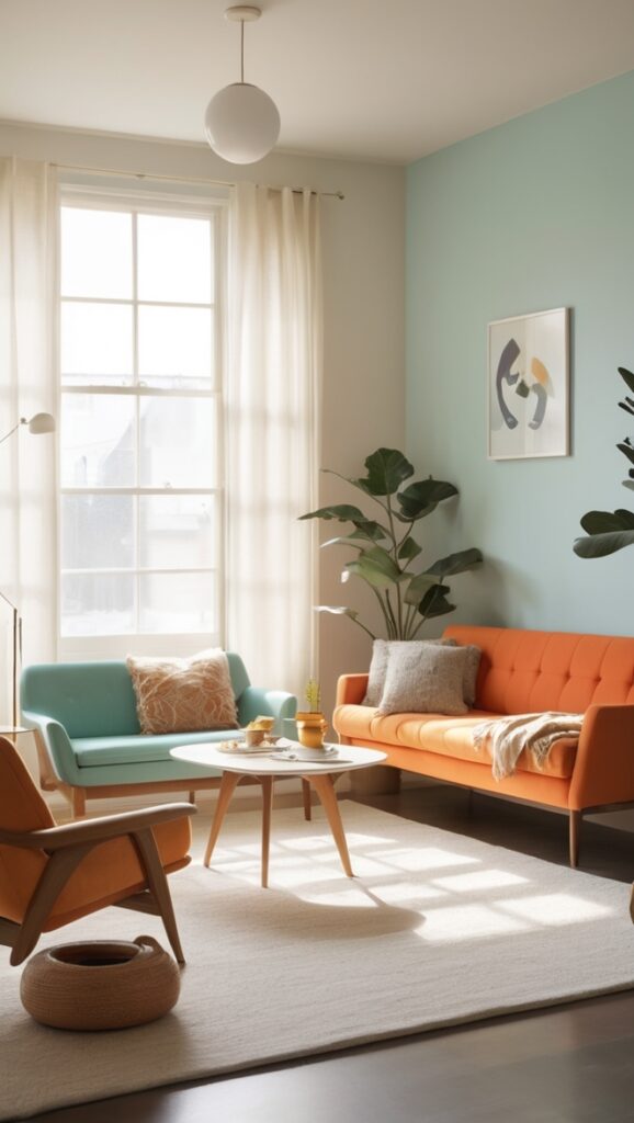 retro interior design, minimalist home decor, vintage living room, modern mid-century furniture, chic contemporary design