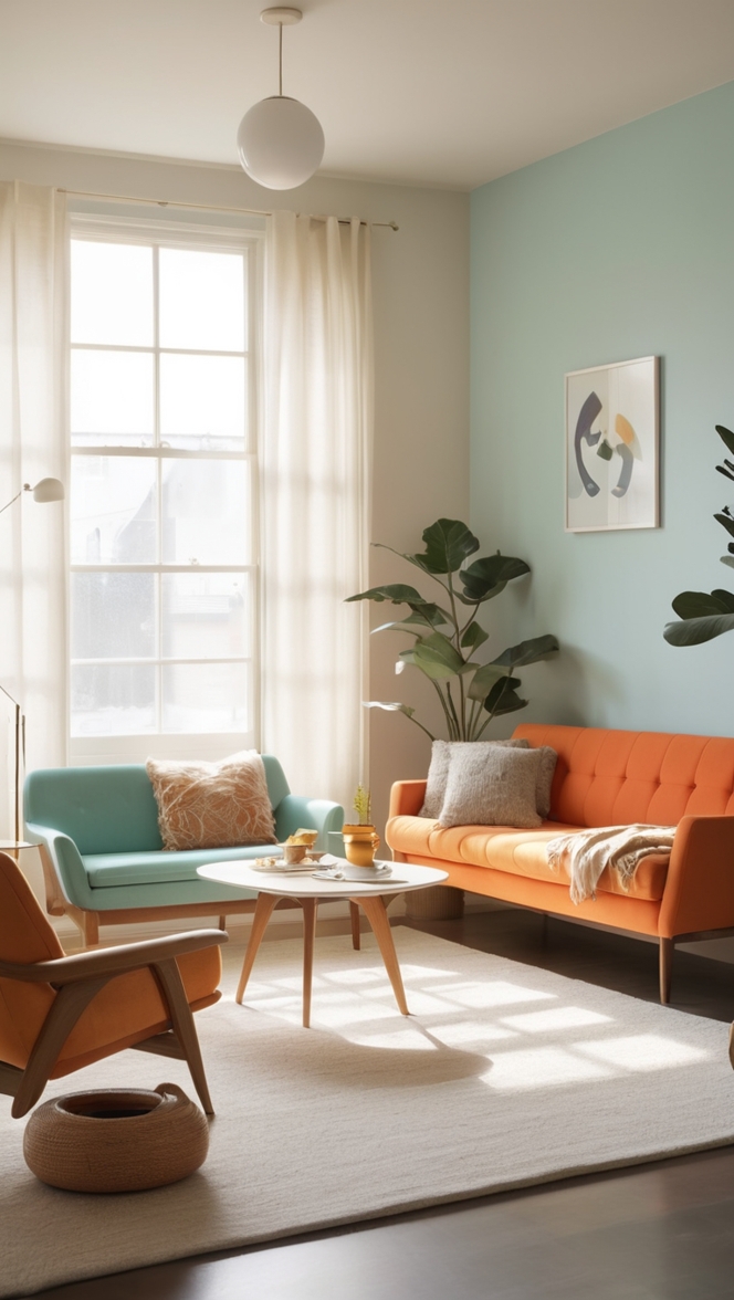 retro interior design, minimalist home decor, vintage living room, modern mid-century furniture, chic contemporary design 