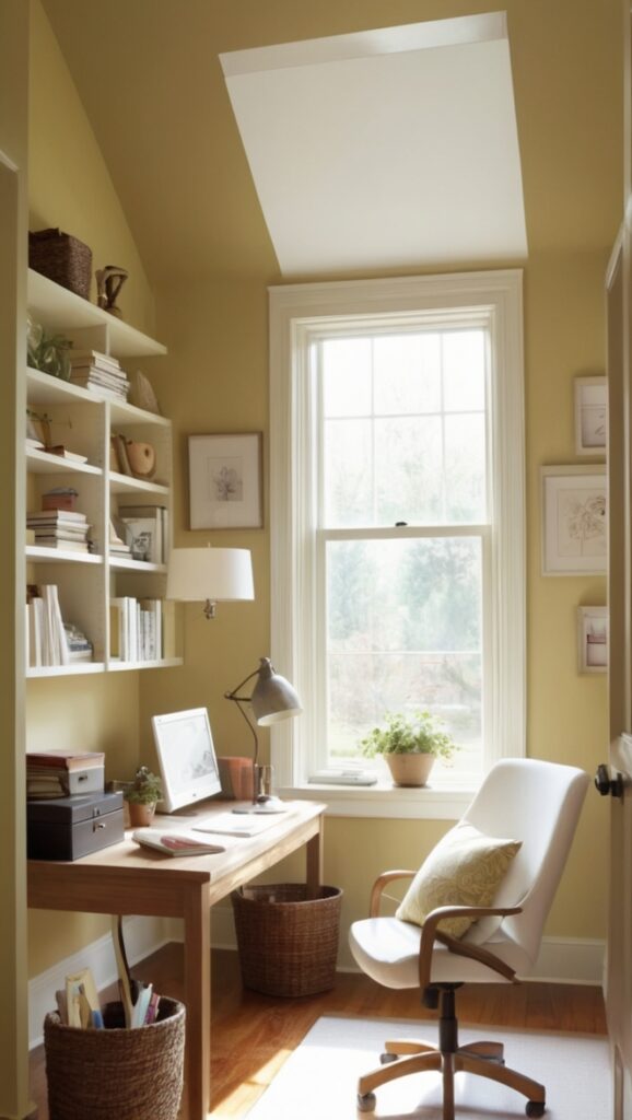 small office design, home office setup, small office space, cozy office decor, workspace organization