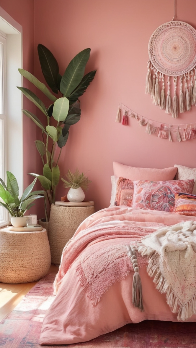 pink boho decor , boho chic bedding , bohemian bedroom furniture, pink boho curtains, boho style bedroom rug