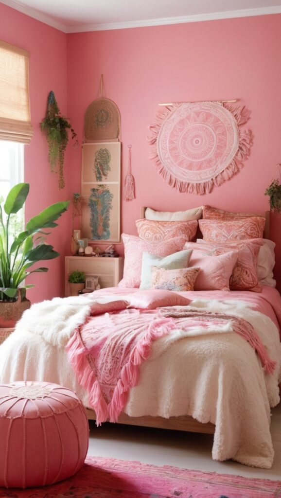 pink boho decor , boho chic bedding , bohemian bedroom furniture, pink boho curtains, boho style bedroom rug