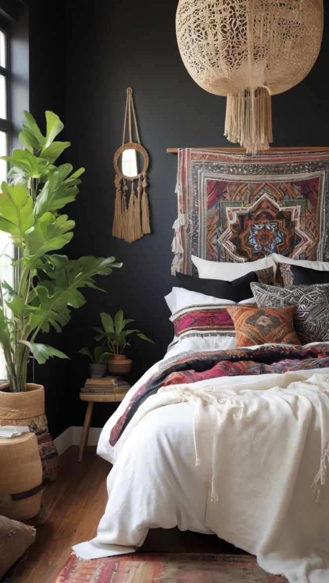black boho bedding, boho bedroom decor, boho bedroom furniture, boho chic bedroom, boho bedroom ideas 