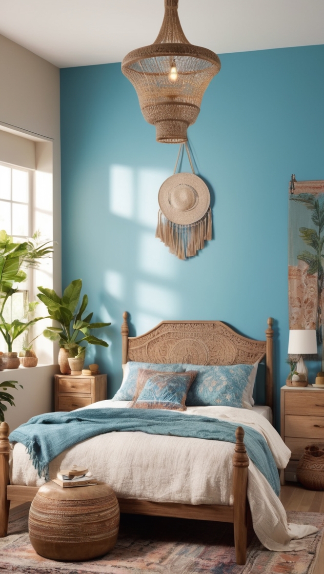 boho bedroom decor, navy blue bedroom ideas, bohemian bedroom inspiration, dark blue bedroom decor, indigo bedroom design
