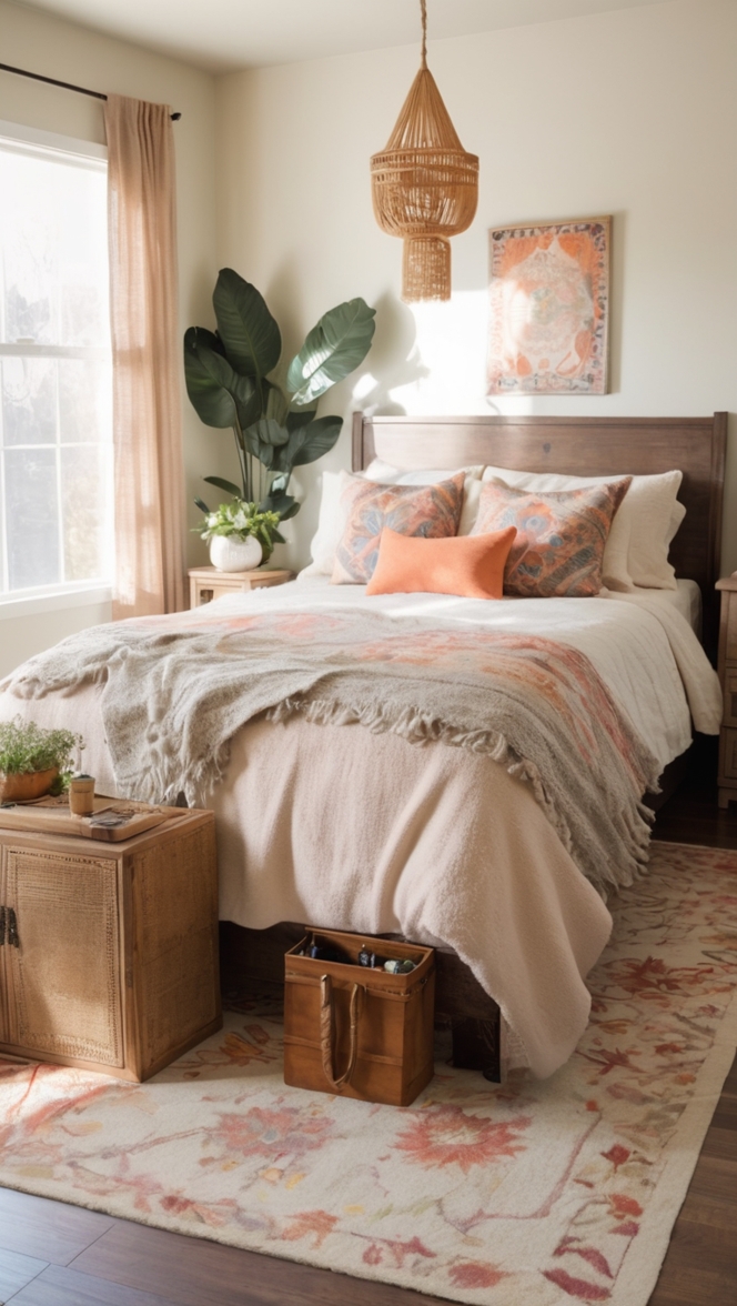 boho bed frame, bohemian bedding, chic bedroom decor, vintage nightstand, interior design inspiration