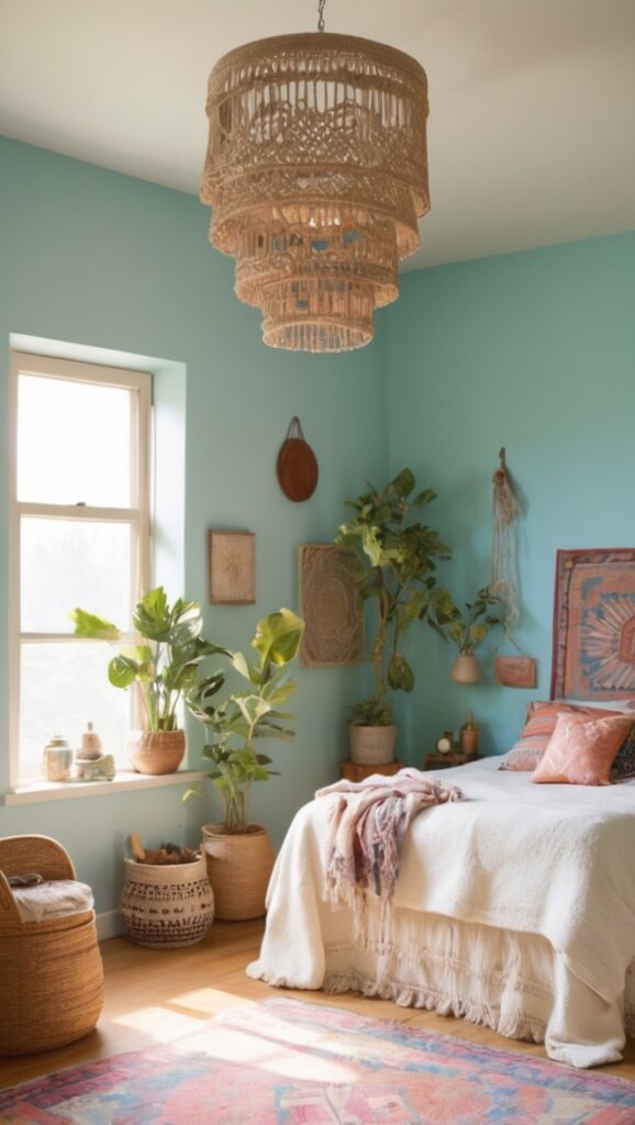 boho bed frame, bohemian bedding, chic bedroom decor, vintage nightstand, interior design inspiration