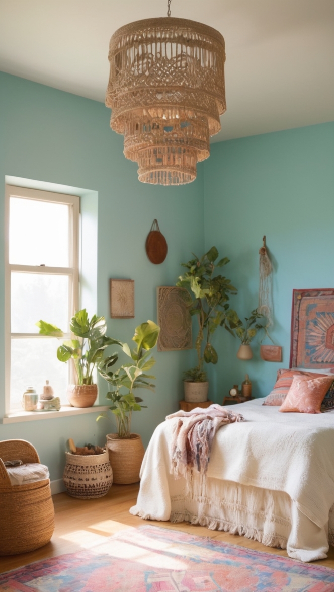 boho bed frame, bohemian bedding, chic bedroom decor, vintage nightstand, interior design inspiration 