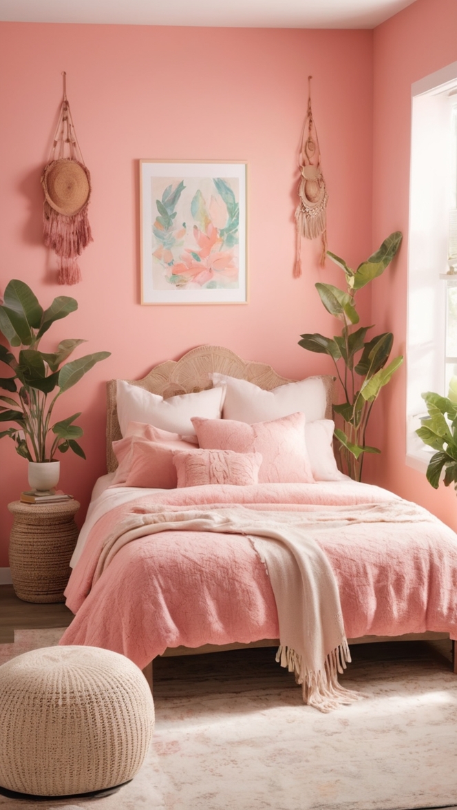 boho chic decor, pink boho bedding, bohemian style bedroom, pink boho curtains, boho bedroom furniture
