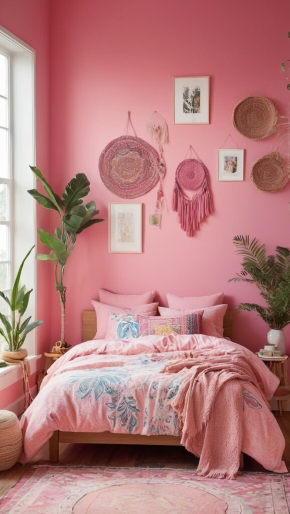 boho chic decor, pink boho bedding, bohemian style bedroom, pink boho curtains, boho bedroom furniture