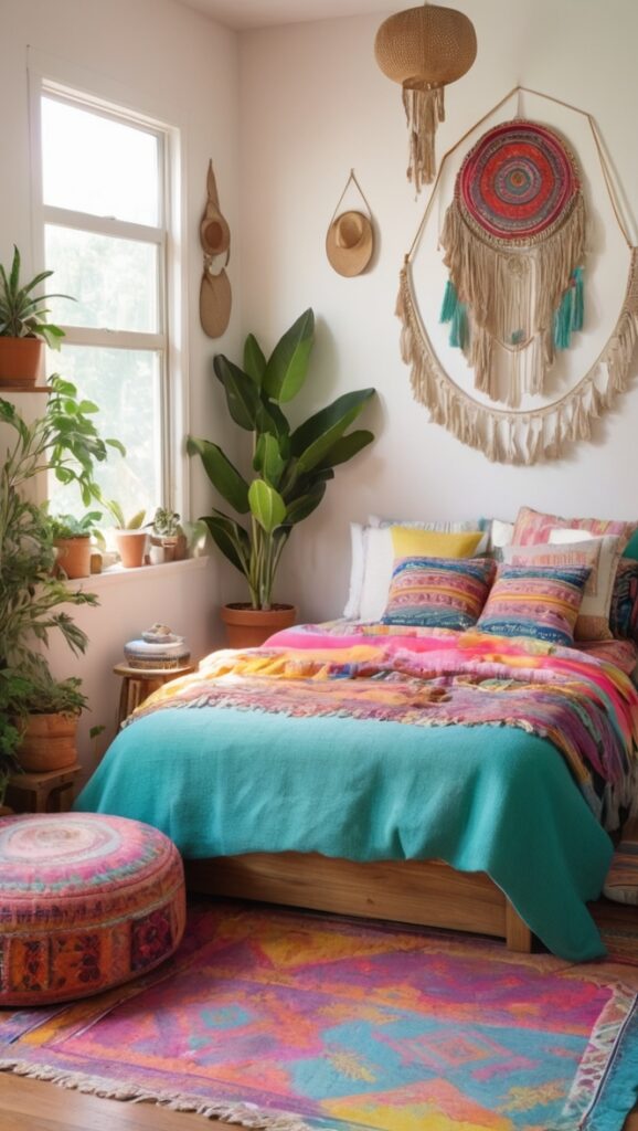 boho bedroom decor, bohemian bedding, vibrant bedroom furniture, colorful textiles, eclectic bedroom design