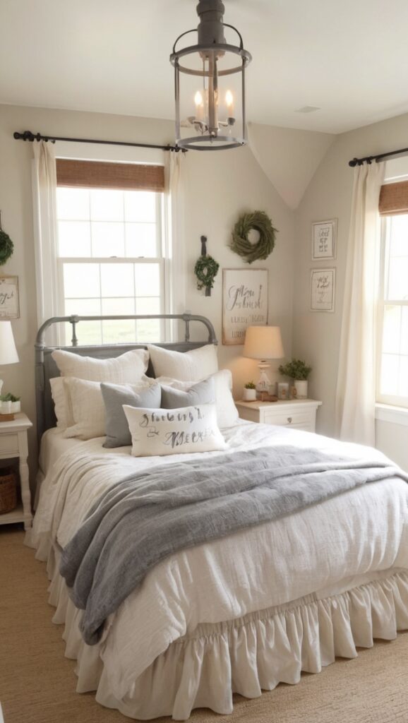 rustic farmhouse decor, antique bedroom furniture, vintage farmhouse style, cozy country bedding, farmhouse chic bedroom