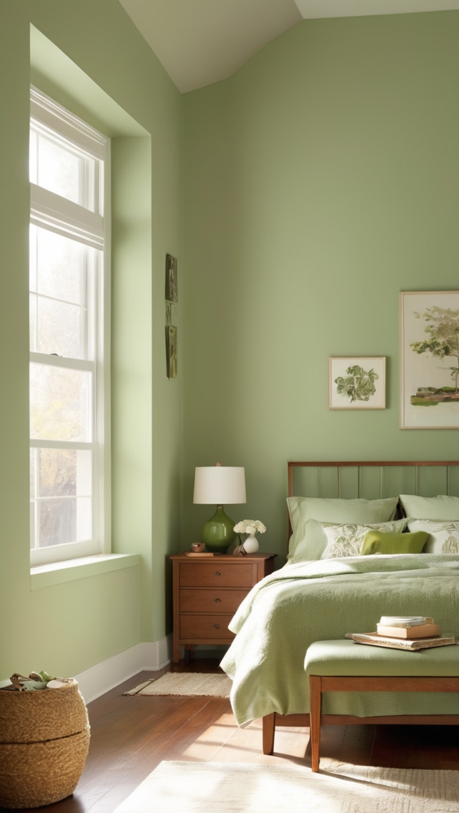 green bedroom decor, cozy bedroom ideas, serene bedroom design, calming bedroom colors, peaceful bedroom retreat