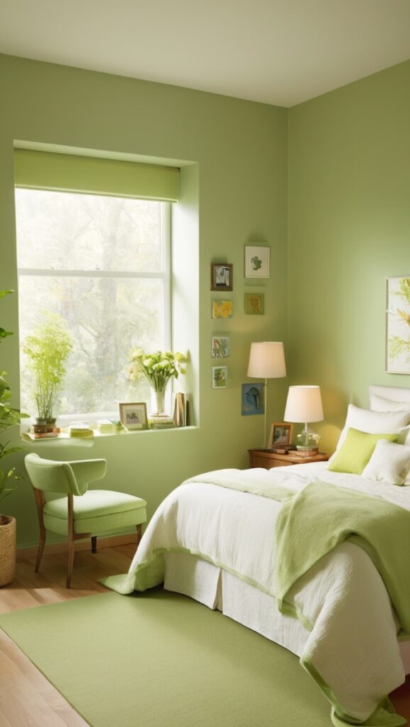 green bedroom decor, cozy bedroom ideas, serene bedroom design, calming bedroom colors, peaceful bedroom retreat