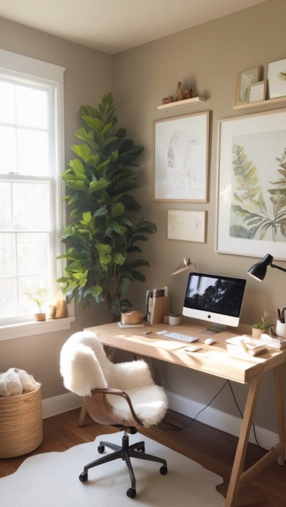 cozy office decor, modern home office design, minimalistic office space, stylish home office ideas, chic office organization
