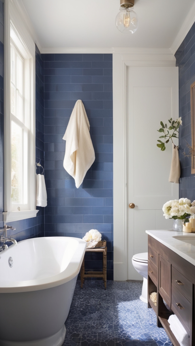 blue bathroom tiles, navy blue tiles, dark navy tiles, deep blue tiles, midnight blue tiles