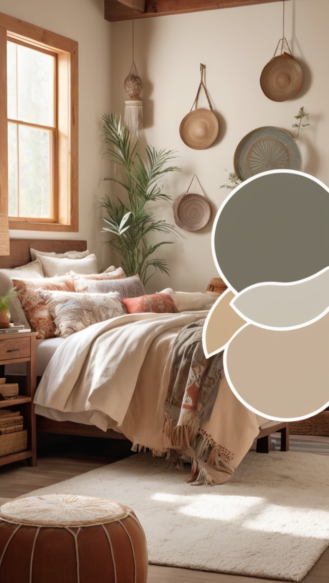 earthy boho decor, bohemian bedroom ideas, rustic bedroom design, cozy home decor, natural style bedroom