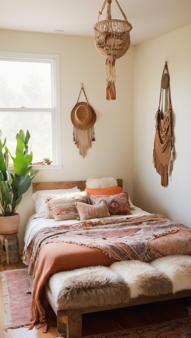 earthy boho decor, bohemian bedroom ideas, rustic bedroom design, cozy home decor, natural style bedroom 