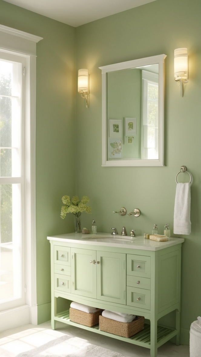 green bathroom vanity, eco-friendly sink, sustainable bathroom design, natural wood countertop, energy-efficient lighting 