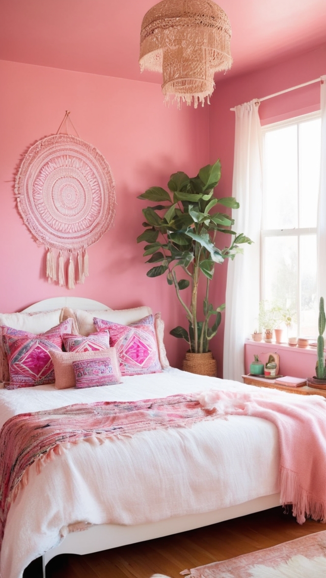 boho chic decor, bohemian furniture, pink bedroom accessories, feminine bedroom decor, vintage style bedding 