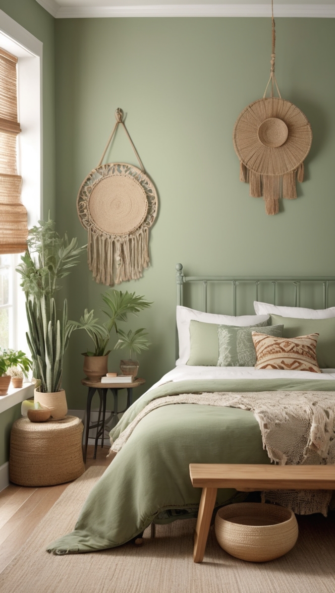 bohemian bedroom decor, sage green aesthetic, earthy bedroom ideas, cozy boho bedroom, modern bohemian style