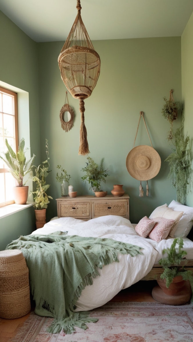 bohemian bedroom decor, sage green aesthetic, earthy bedroom ideas, cozy boho bedroom, modern bohemian style 