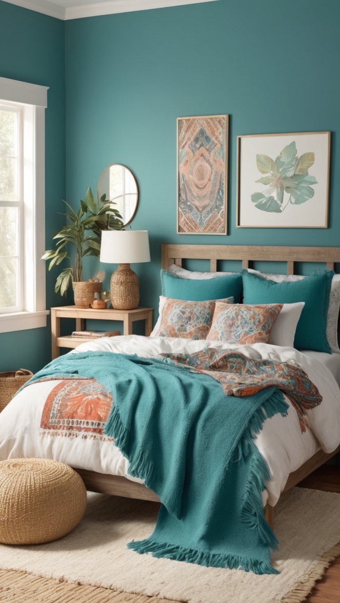 bohemian teal decor, boho bedroom ideas, teal room design, boho chic bedroom, teal bohemian style