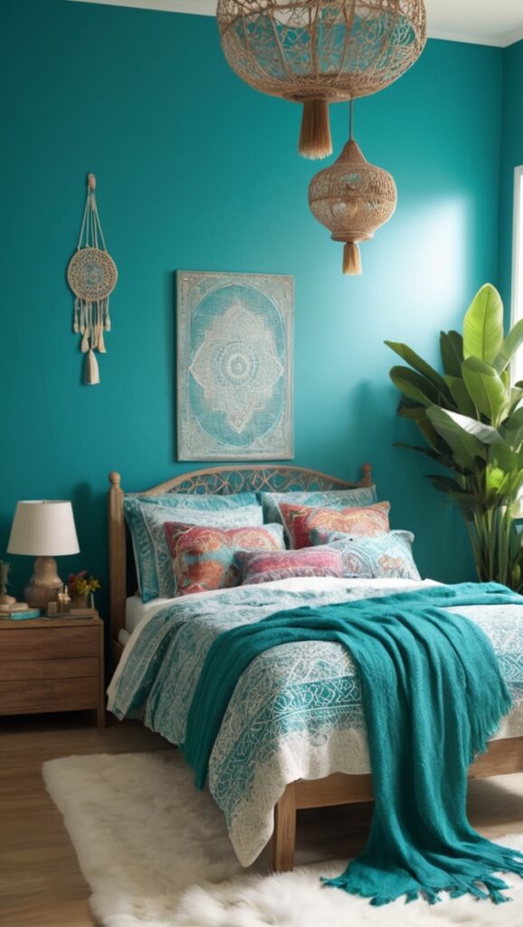 bohemian teal decor, boho bedroom ideas, teal room design, boho chic bedroom, teal bohemian style